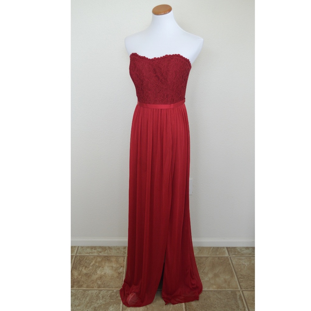 David's Bridal Strapless Red Lace Dress